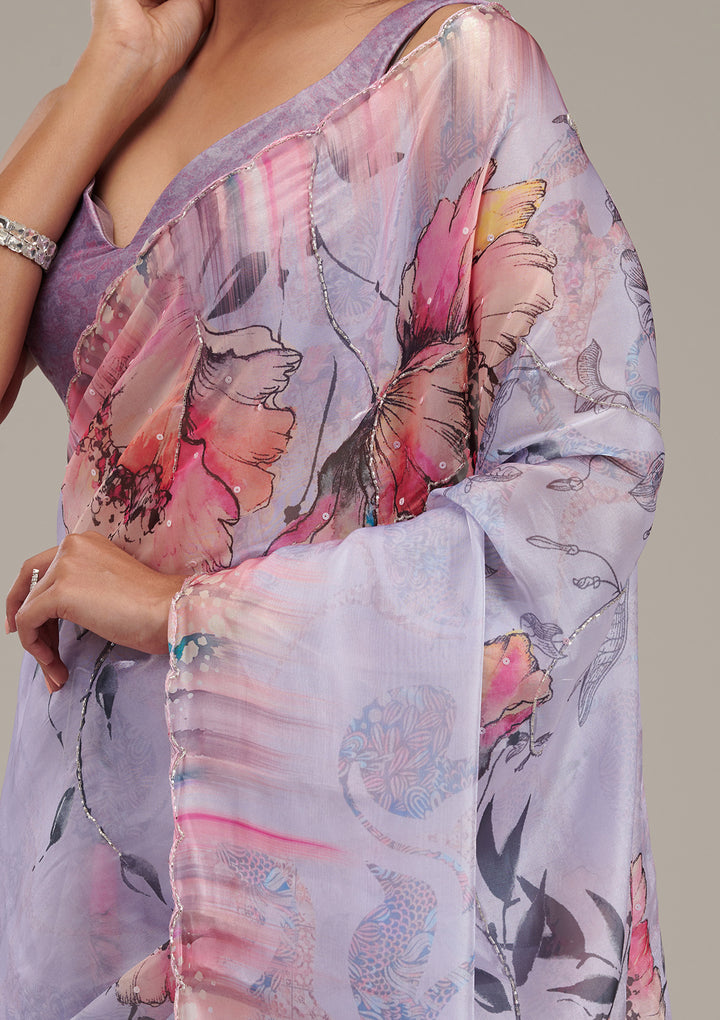 Lavender Printed Tissue Saree
