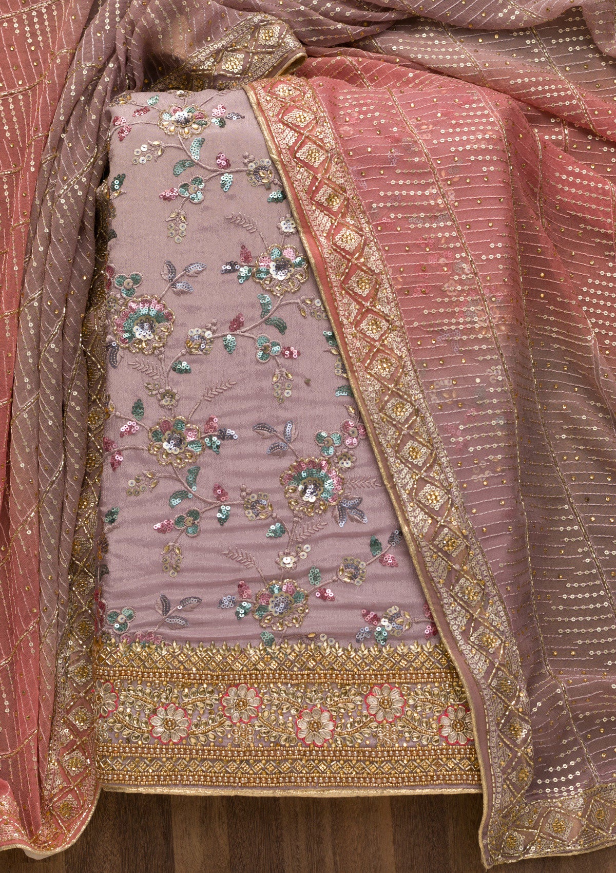 Lavender Sequins Georgette Unstitched Salwar Suit