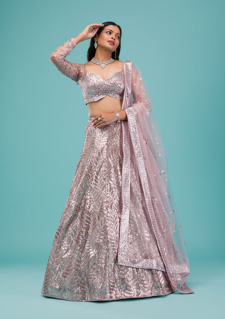 Lavender Sequins Net Semi Stitched Lehenga