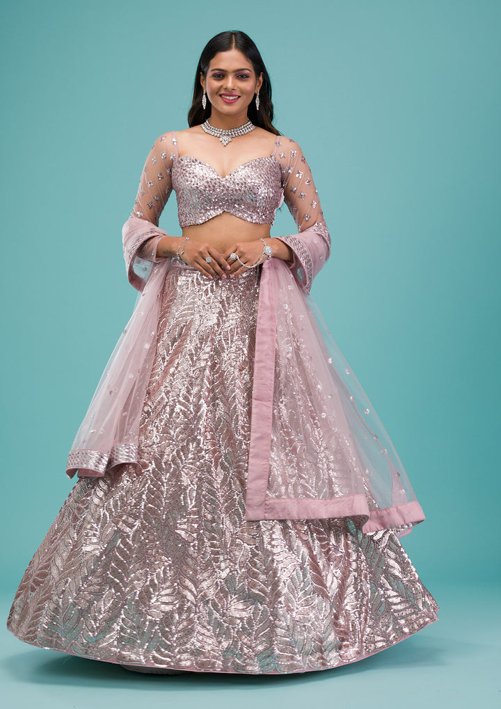 Lavender Sequins Net Semi Stitched Lehenga
