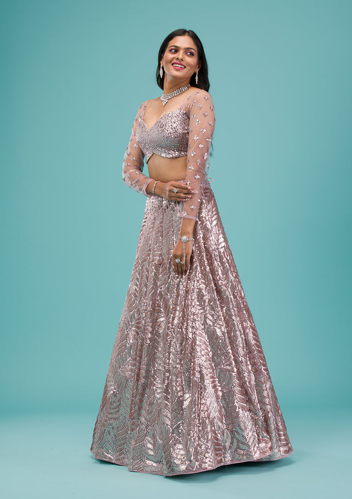 Lavender Sequins Net Semi Stitched Lehenga