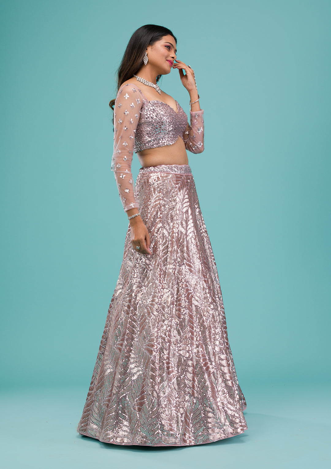 Lavender Sequins Net Semi Stitched Lehenga