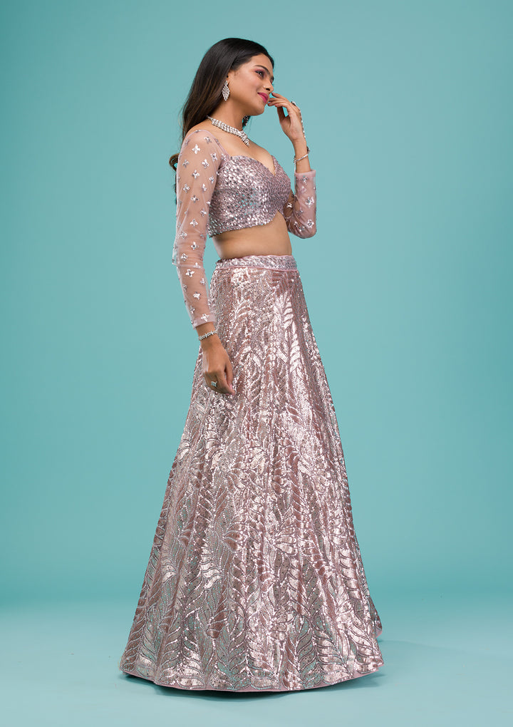 Lavender Sequins Net Semi Stitched Lehenga