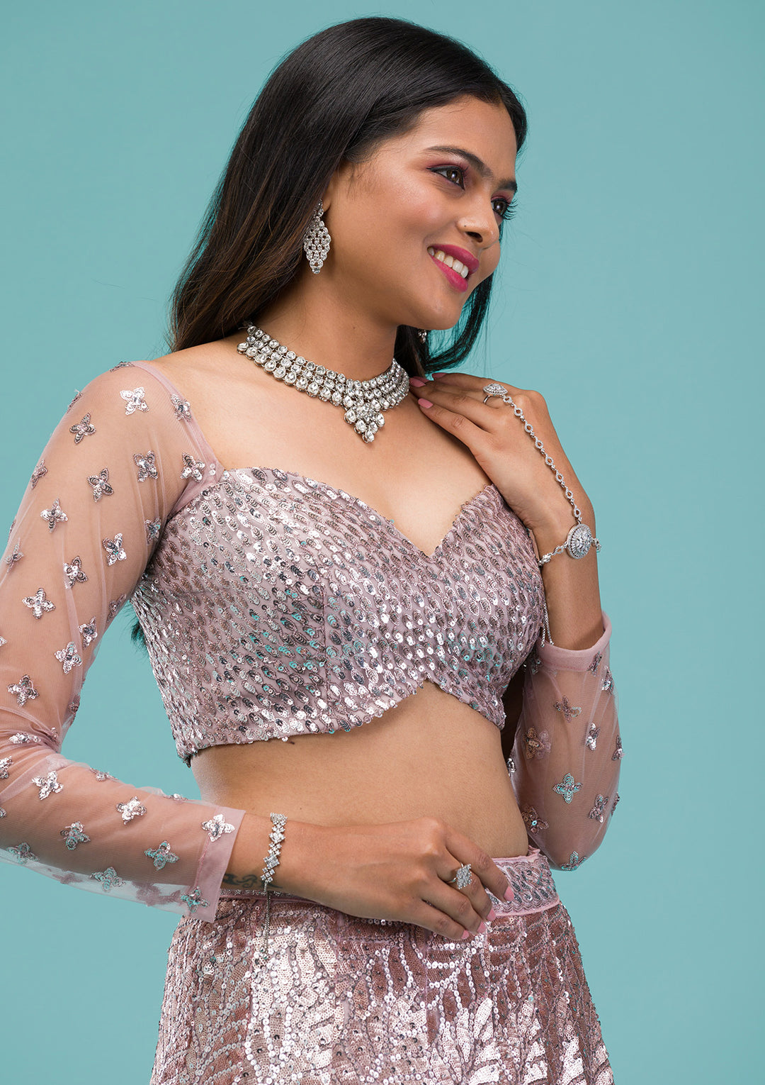 Lavender Sequins Net Semi Stitched Lehenga