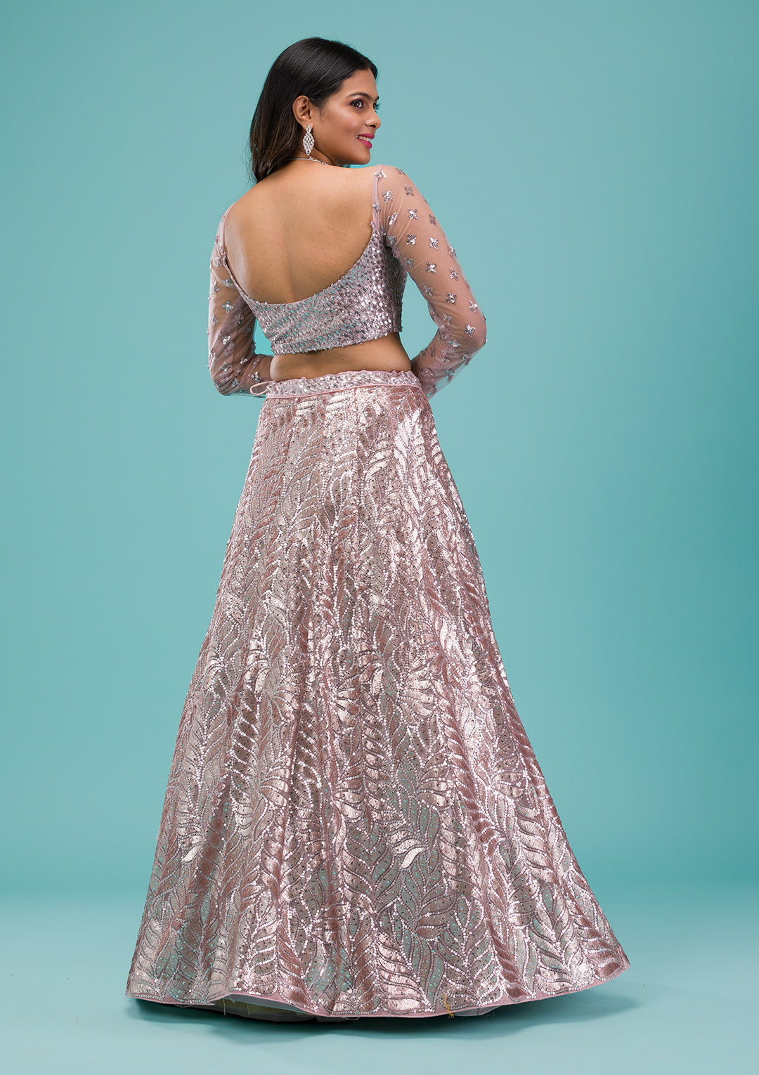 Lavender Sequins Net Semi Stitched Lehenga