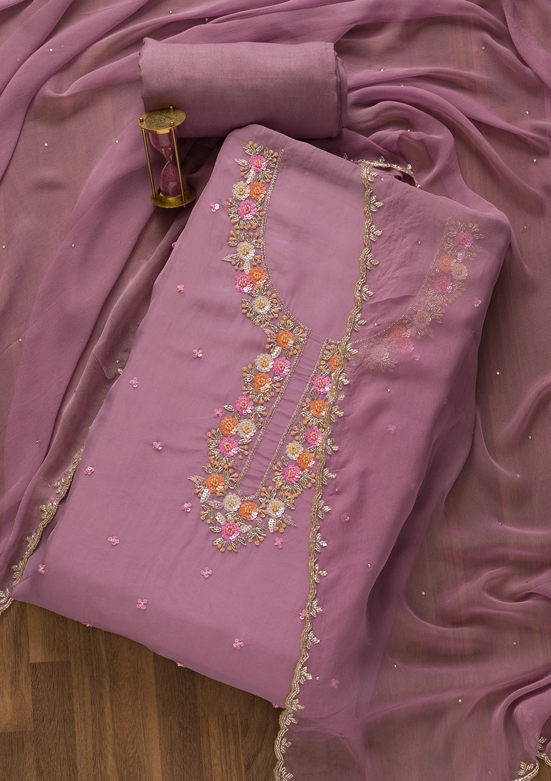Lavender Sequins Organza Unstitched Salwar Suit-Koskii