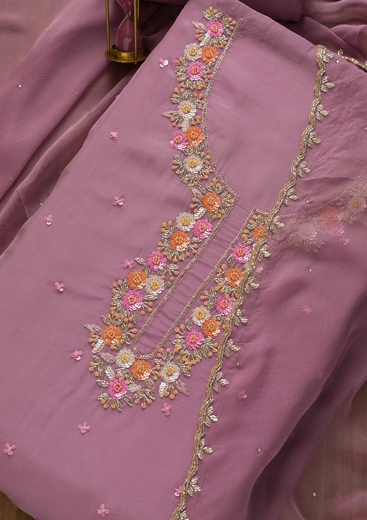 Lavender Sequins Organza Unstitched Salwar Suit-Koskii