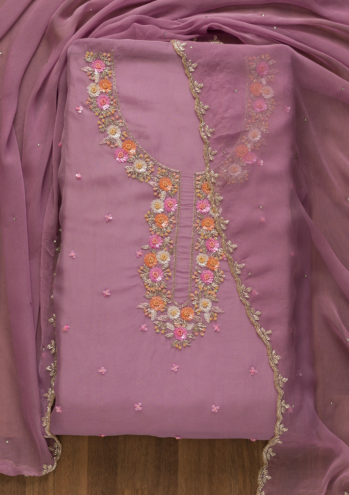 Lavender Sequins Organza Unstitched Salwar Suit-Koskii