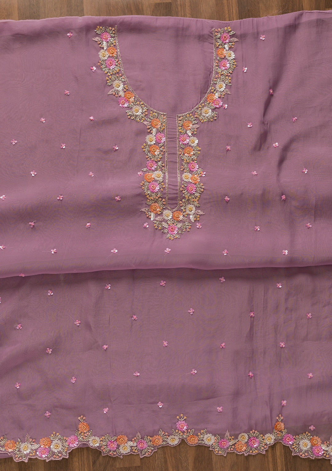Lavender Sequins Organza Unstitched Salwar Suit-Koskii
