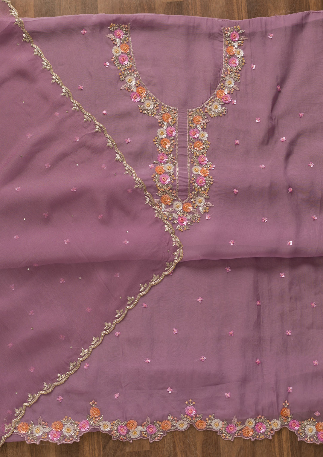 Lavender Sequins Organza Unstitched Salwar Suit-Koskii
