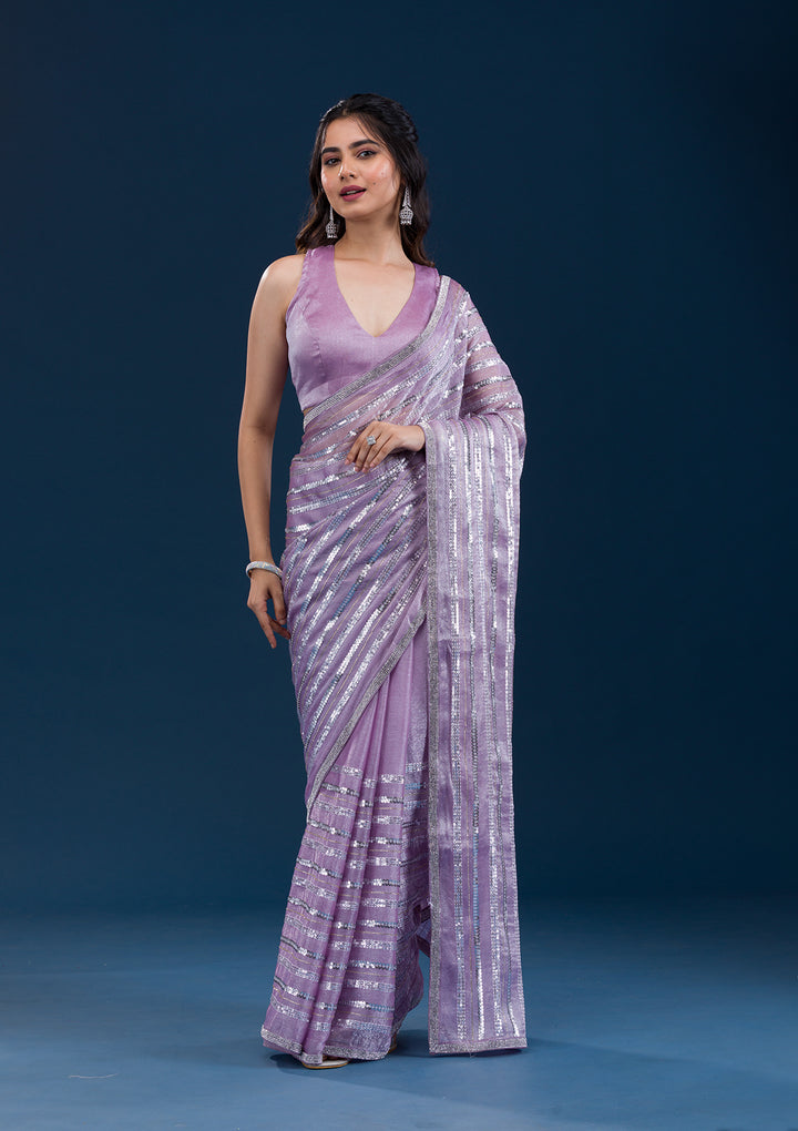Lavender Sequins Semi Crepe Saree
