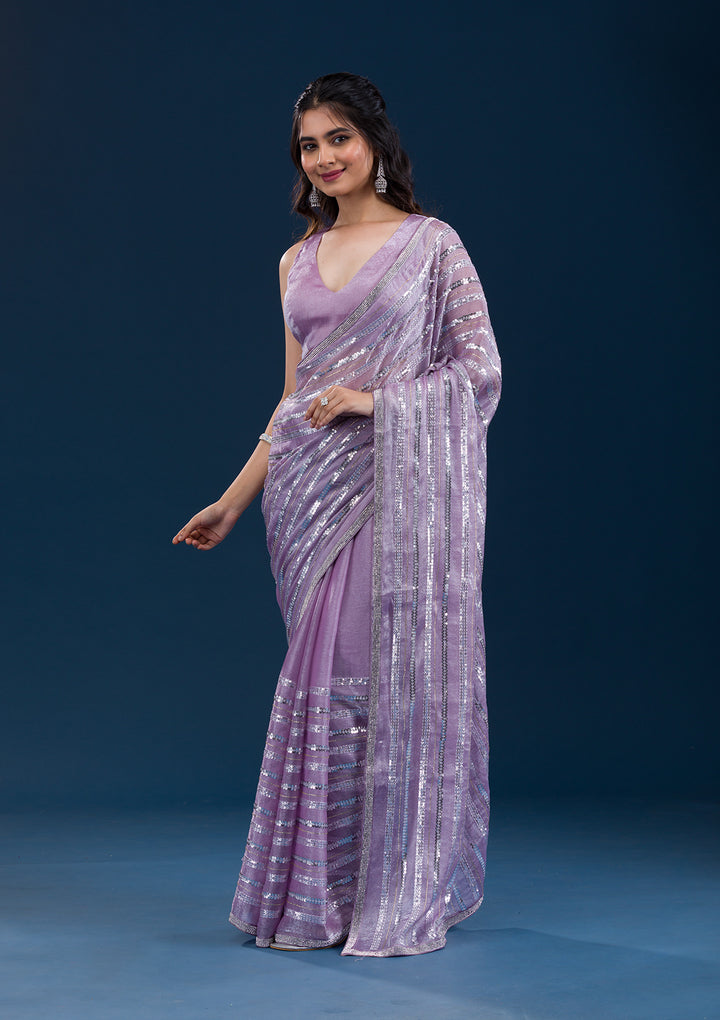 Lavender Sequins Semi Crepe Saree
