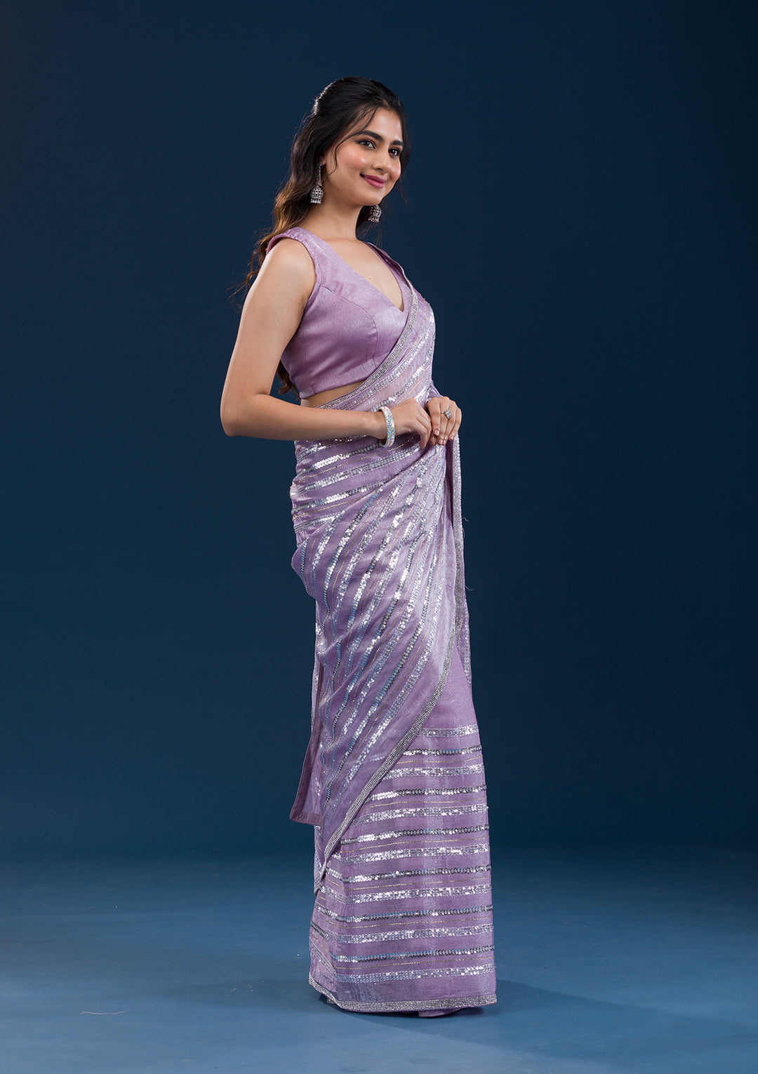 Lavender Sequins Semi Crepe Saree