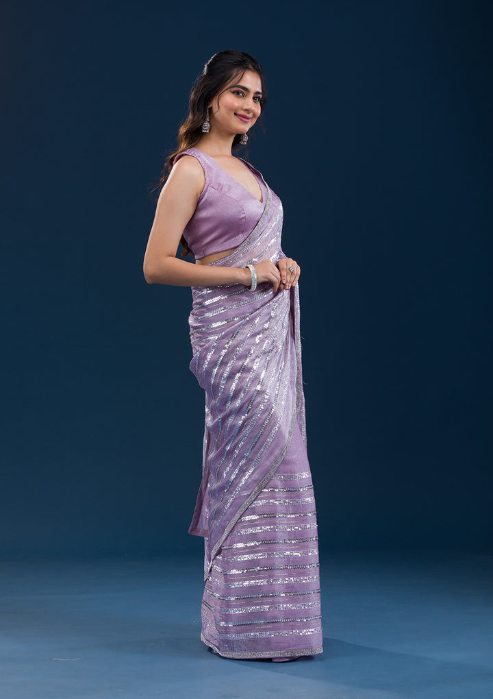 Lavender Sequins Semi Crepe Saree