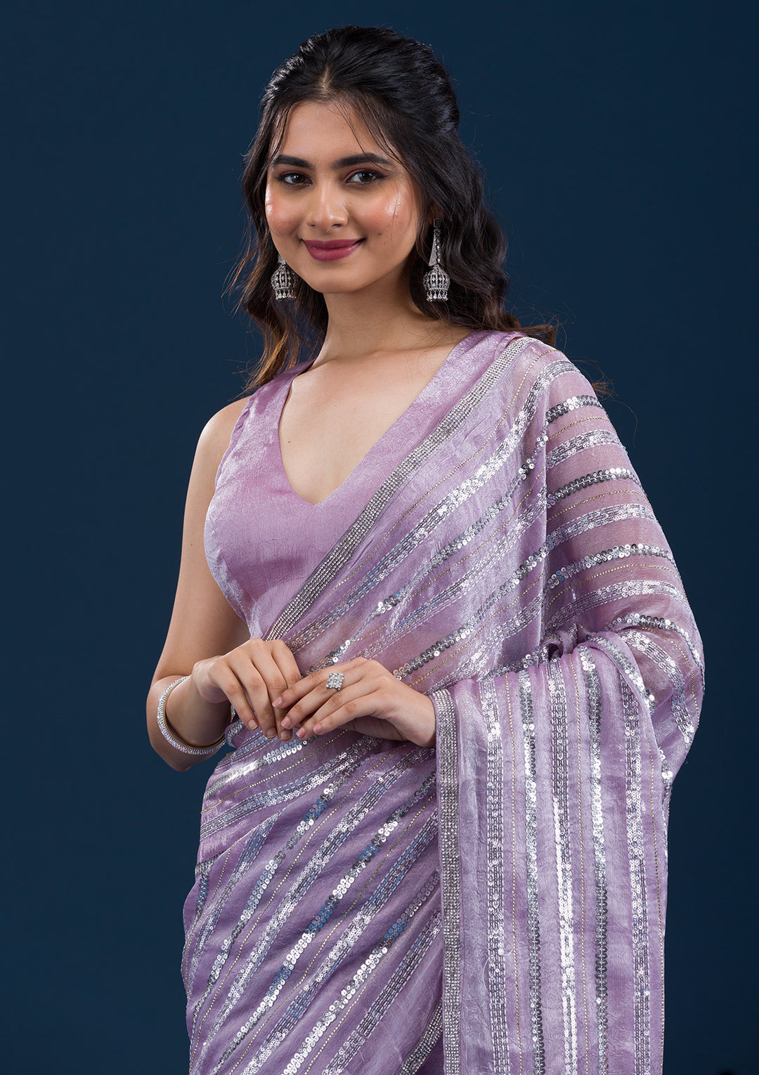 Lavender Sequins Semi Crepe Saree