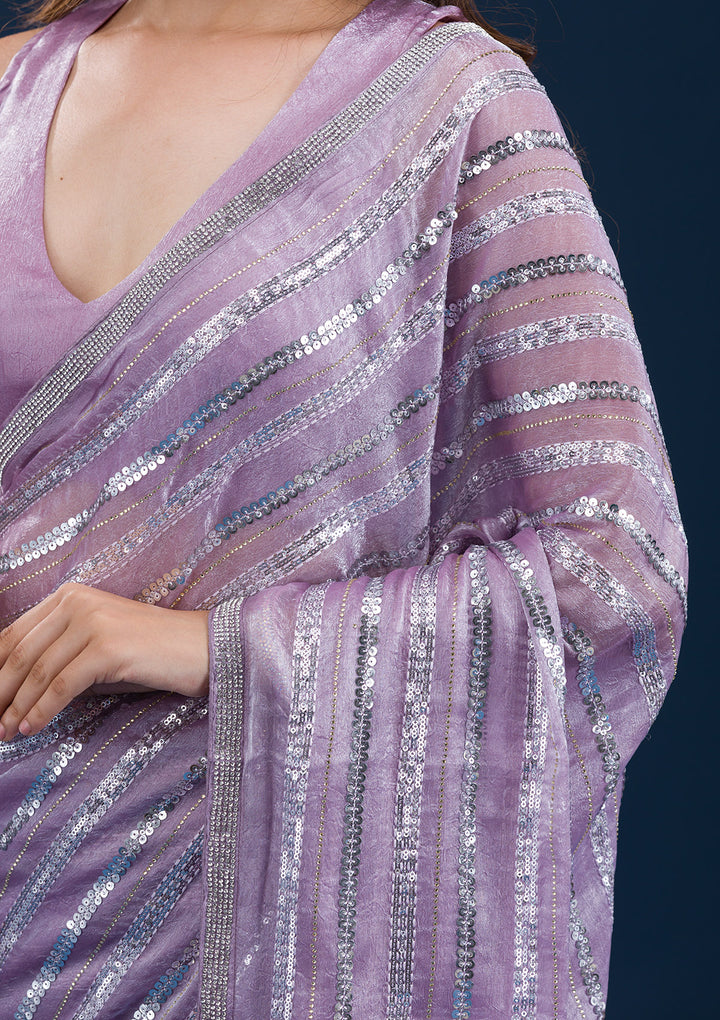 Lavender Sequins Semi Crepe Saree
