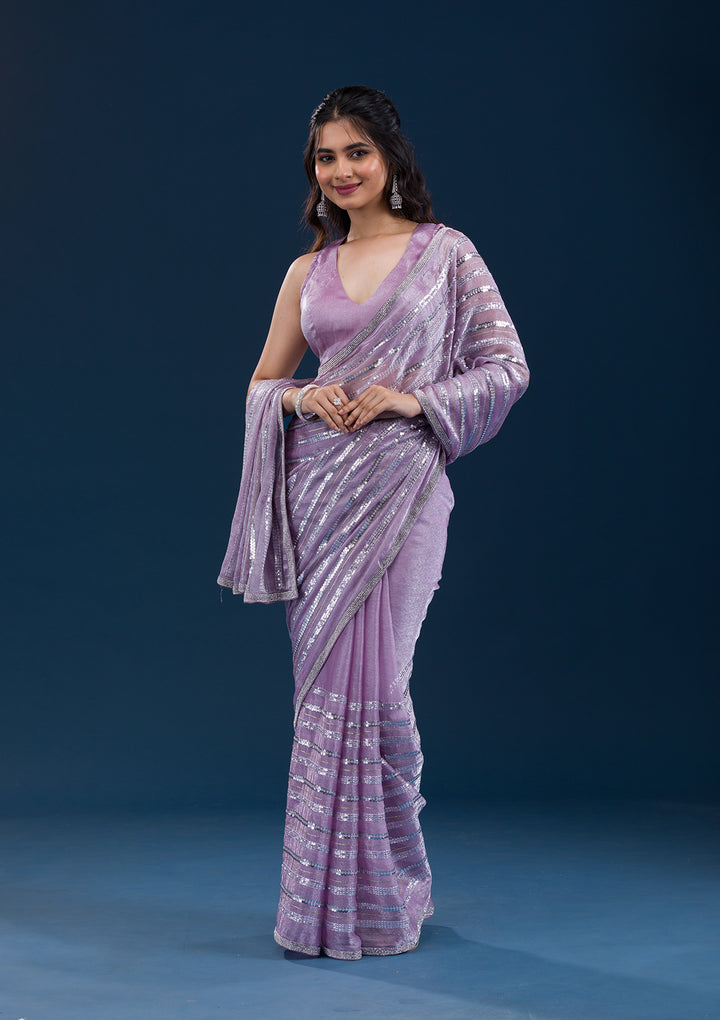 Lavender Sequins Semi Crepe Saree