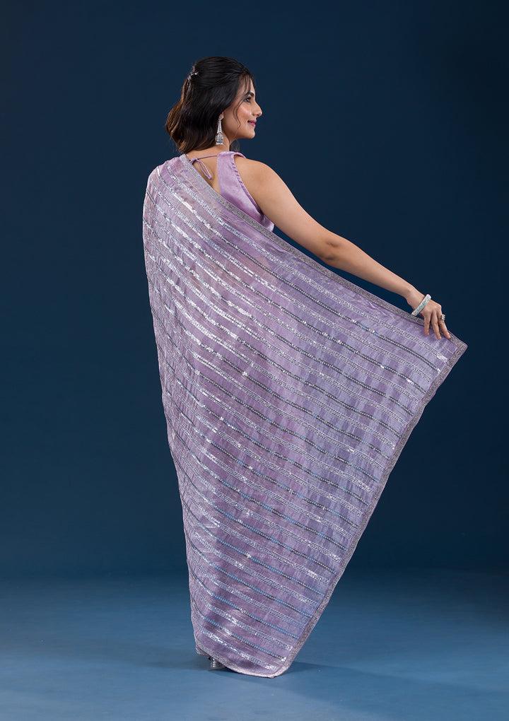 Lavender Sequins Semi Crepe Saree