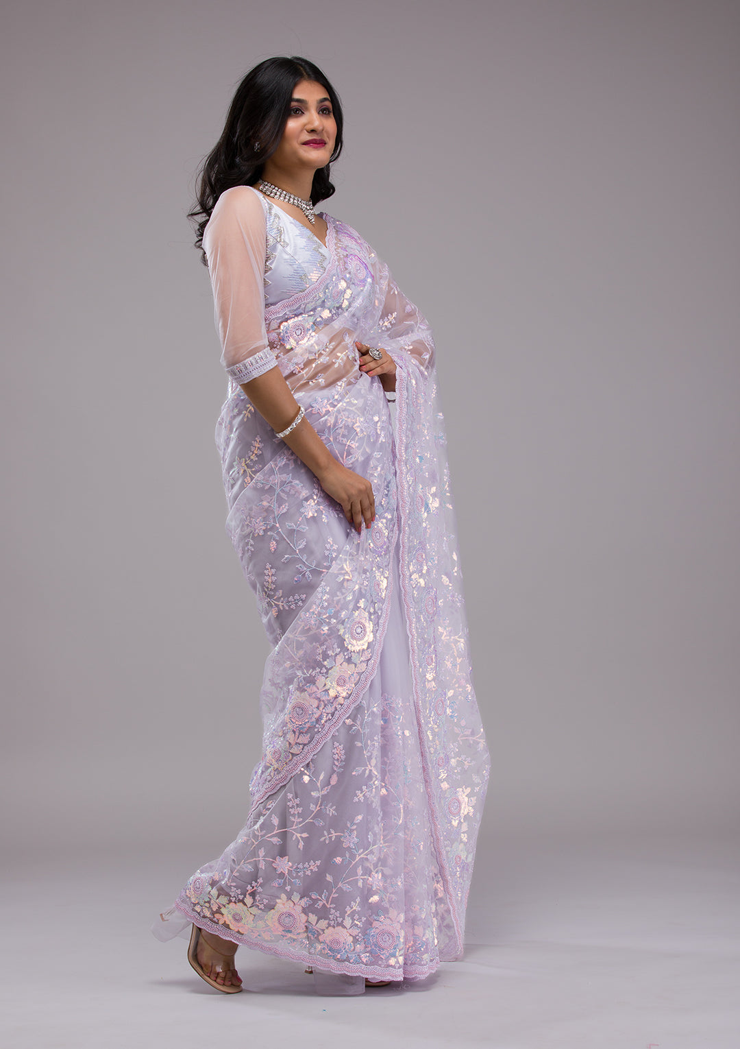 Lavender Sequins Tissue Saree