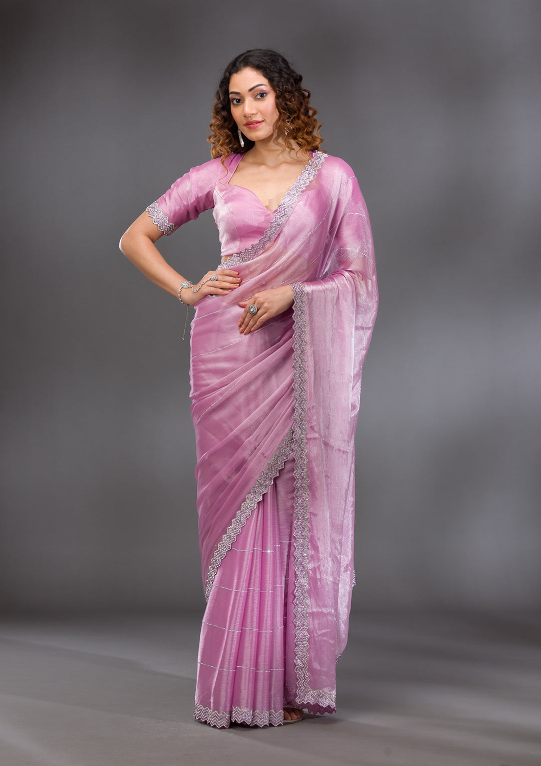 Lavender Silver Stonework Satin Saree