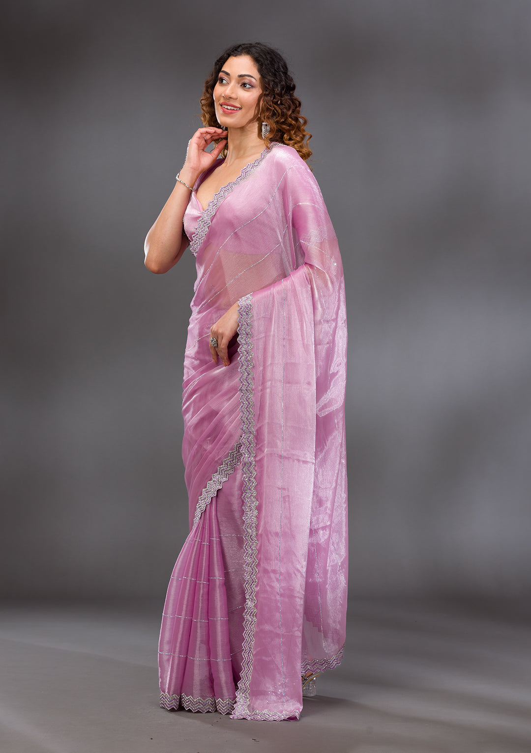 Lavender Silver Stonework Satin Saree