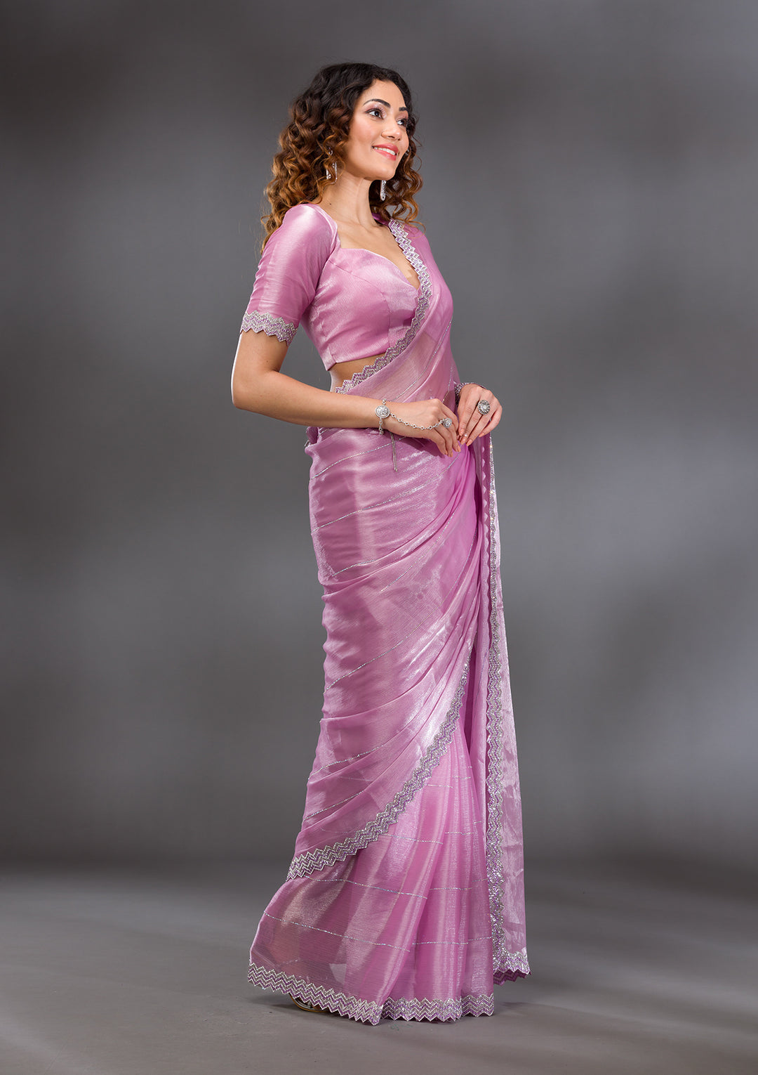 Lavender Silver Stonework Satin Saree