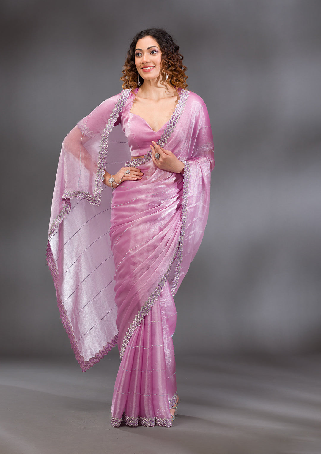 Lavender Silver Stonework Satin Saree