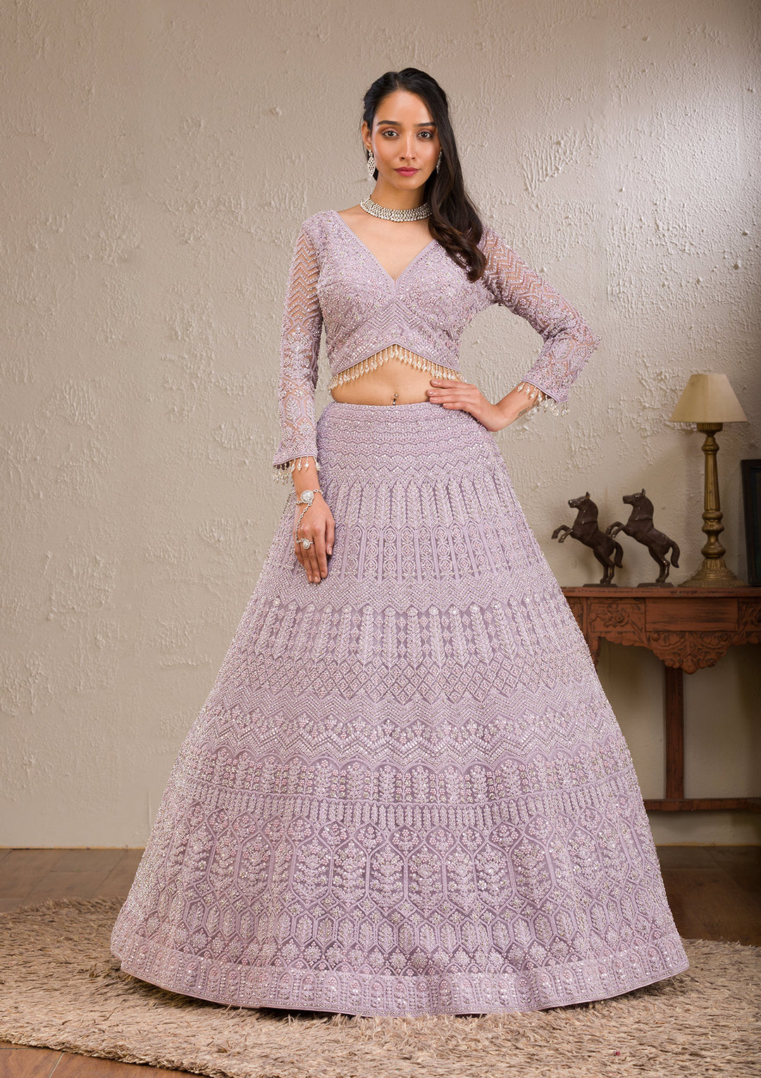 Lavender Silver Stonework Net Readymade Lehenga