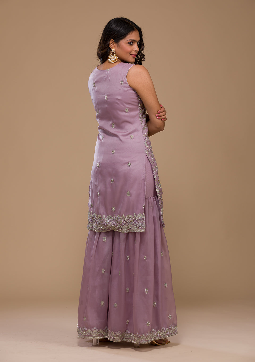 Lavender Stonework Tissue Readymade Salwar Suit-Koskii