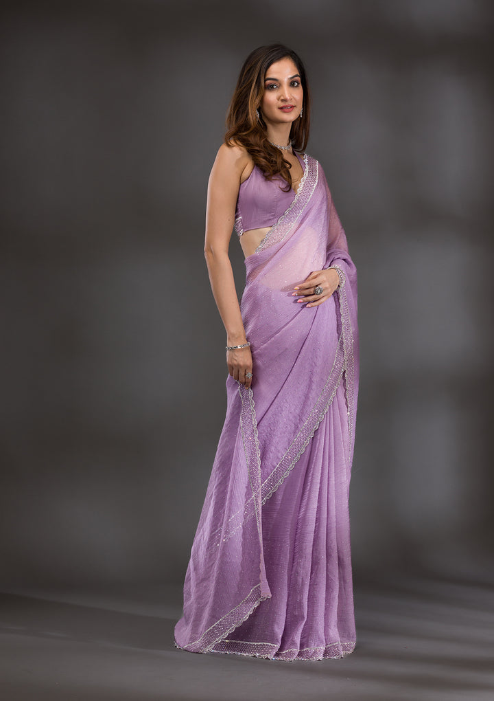 Lavender Silver Stonework Tissue Saree