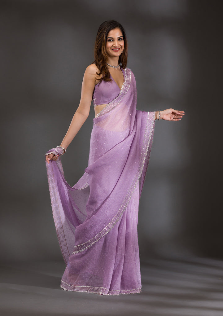 Lavender Silver Stonework Tissue Saree