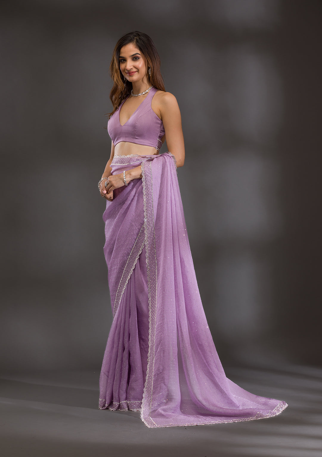 Lavender Silver Stonework Tissue Saree