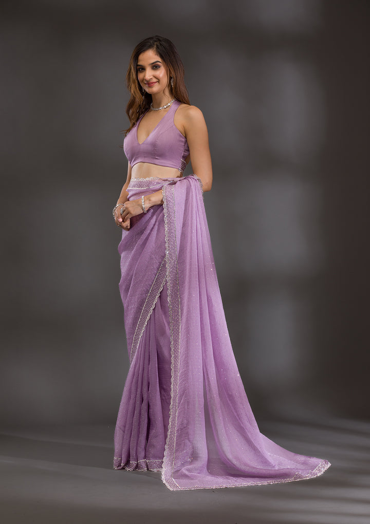 Lavender Silver Stonework Tissue Saree