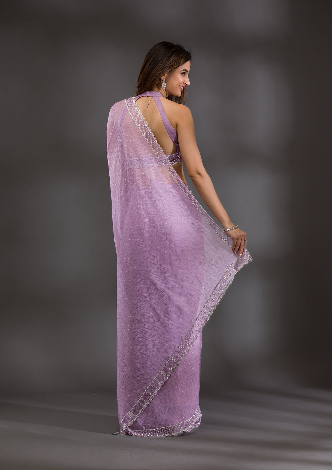 Lavender Silver Stonework Tissue Saree