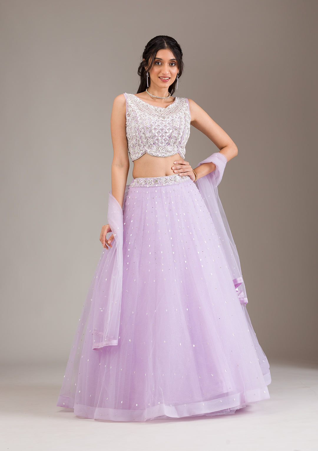 Lavender Stonework Net Readymade Lehenga
