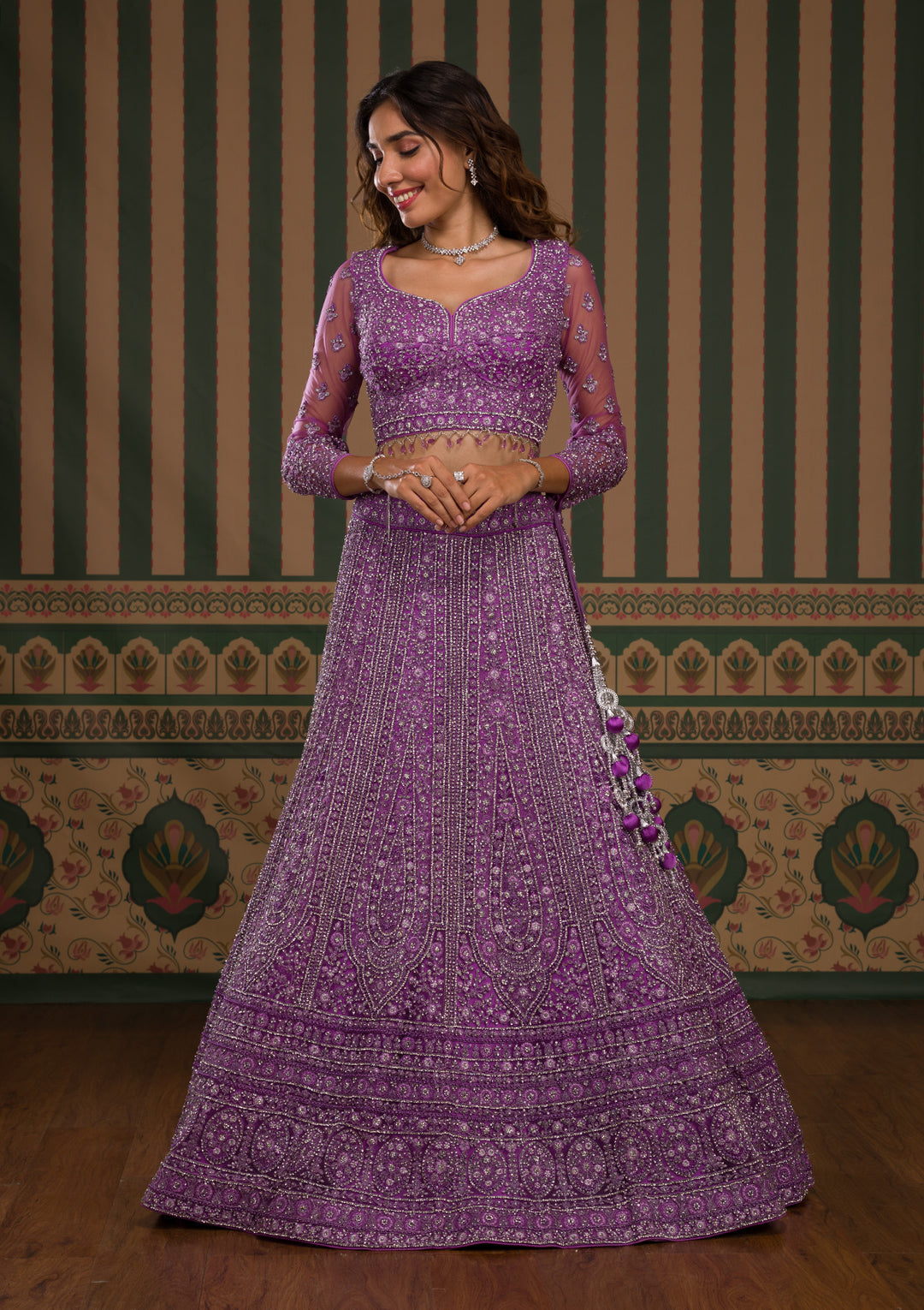 Lavender Stonework Net Readymade Lehenga