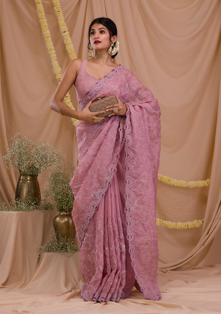 Lavender Stonework Net Saree-Koskii