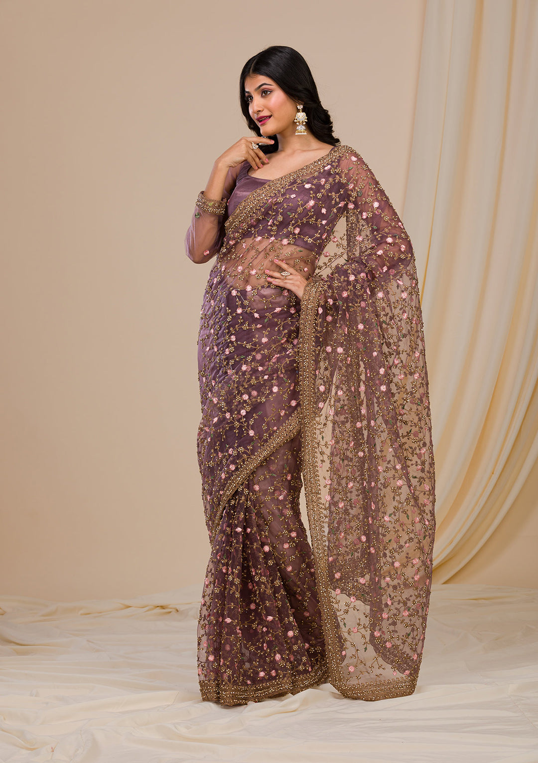 Lavender Stonework Net Saree