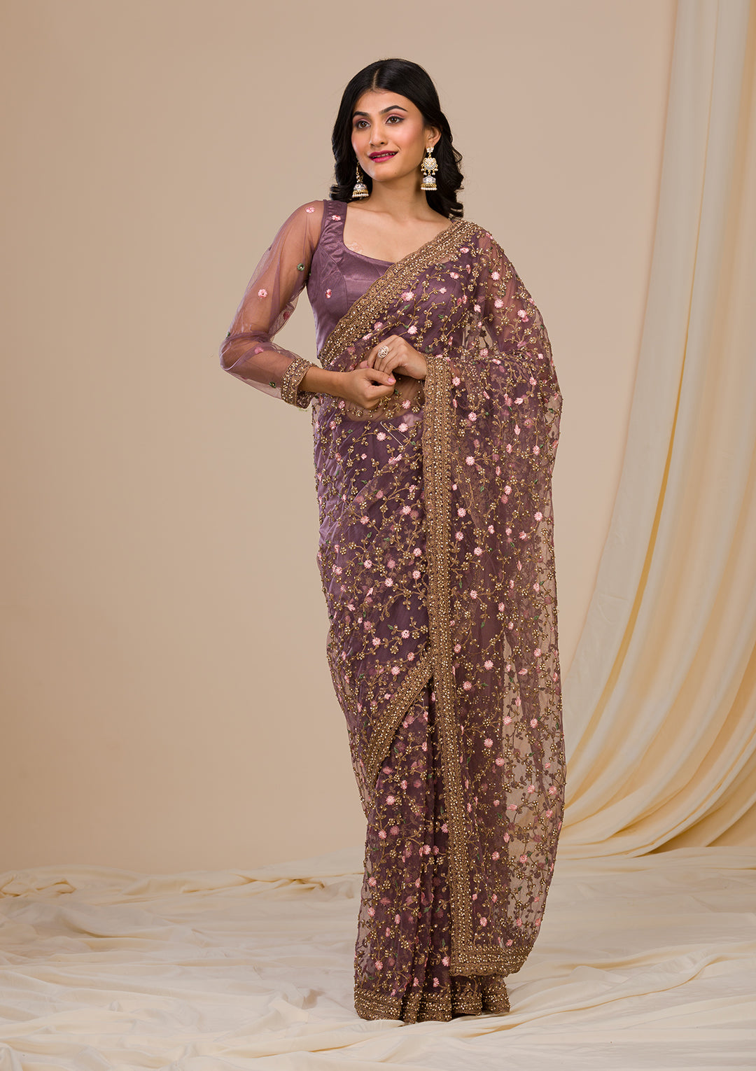 Lavender Stonework Net Saree