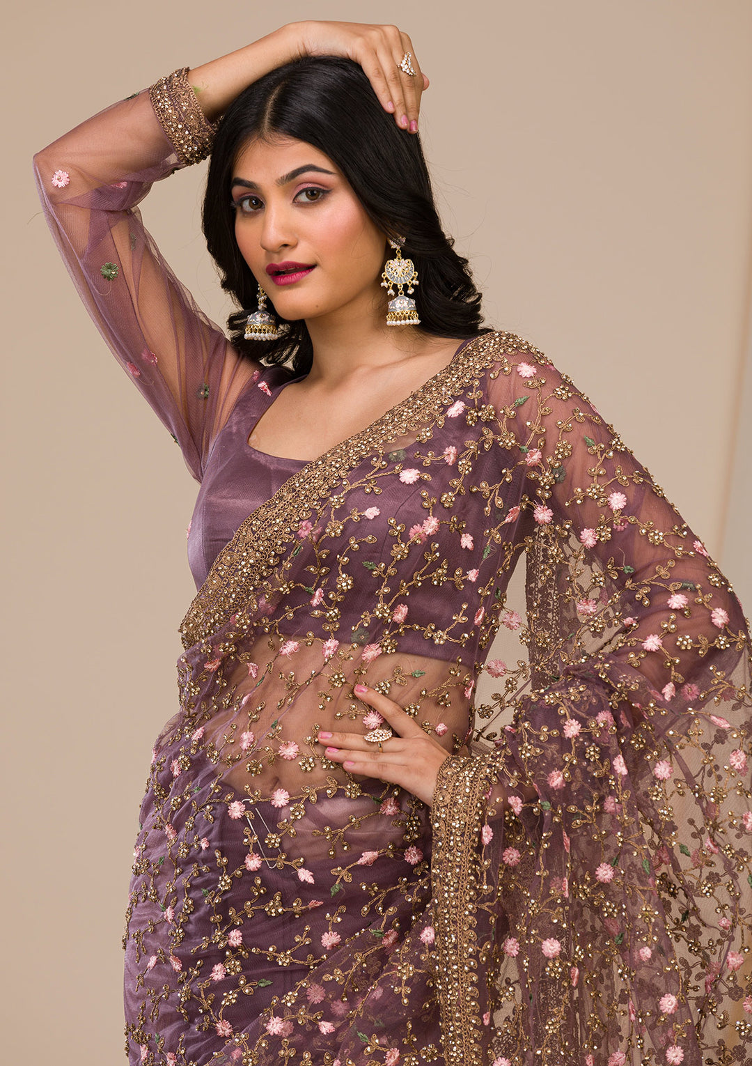 Lavender Stonework Net Saree