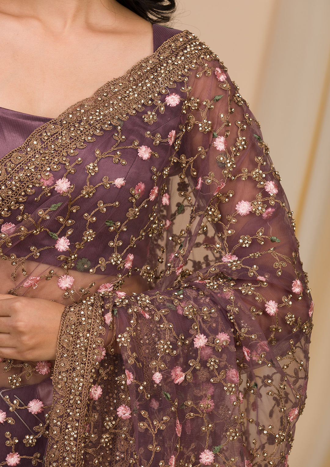 Lavender Stonework Net Saree