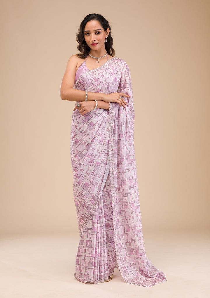 Lavender Stonework Semi Crepe Saree