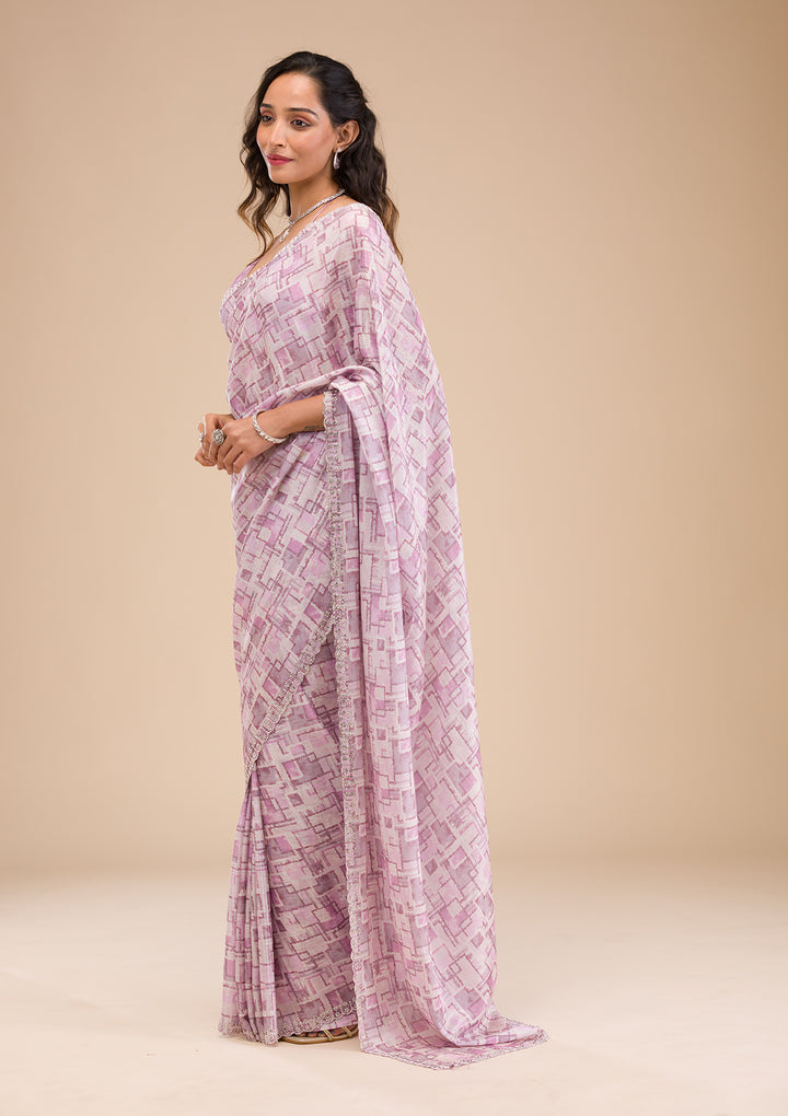 Lavender Stonework Semi Crepe Saree