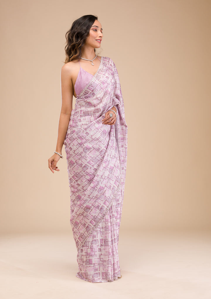 Lavender Stonework Semi Crepe Saree