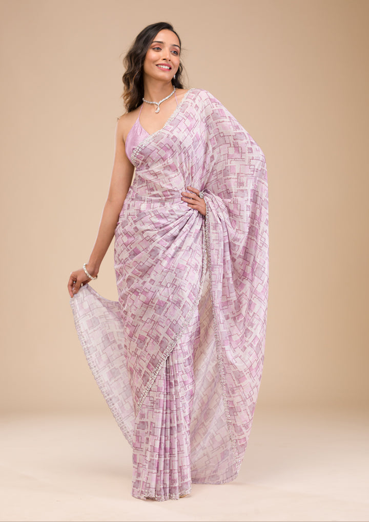 Lavender Stonework Semi Crepe Saree