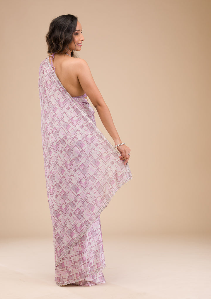Lavender Stonework Semi Crepe Saree