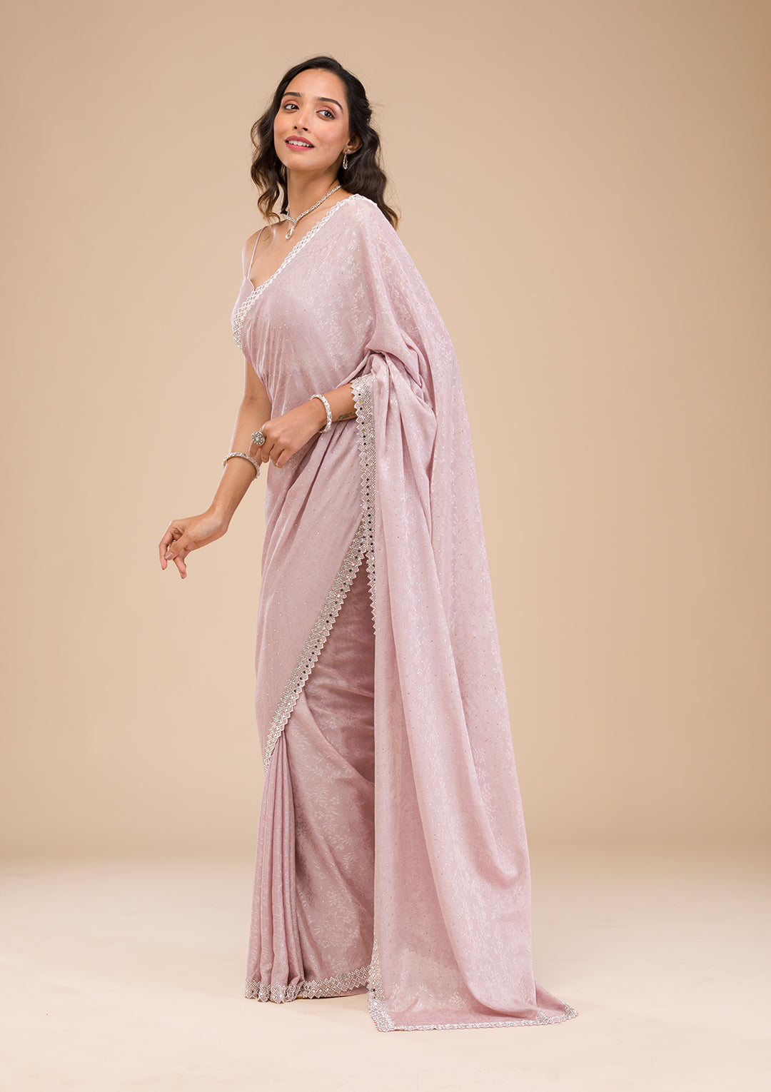 Lavender Stonework Semi Crepe Saree