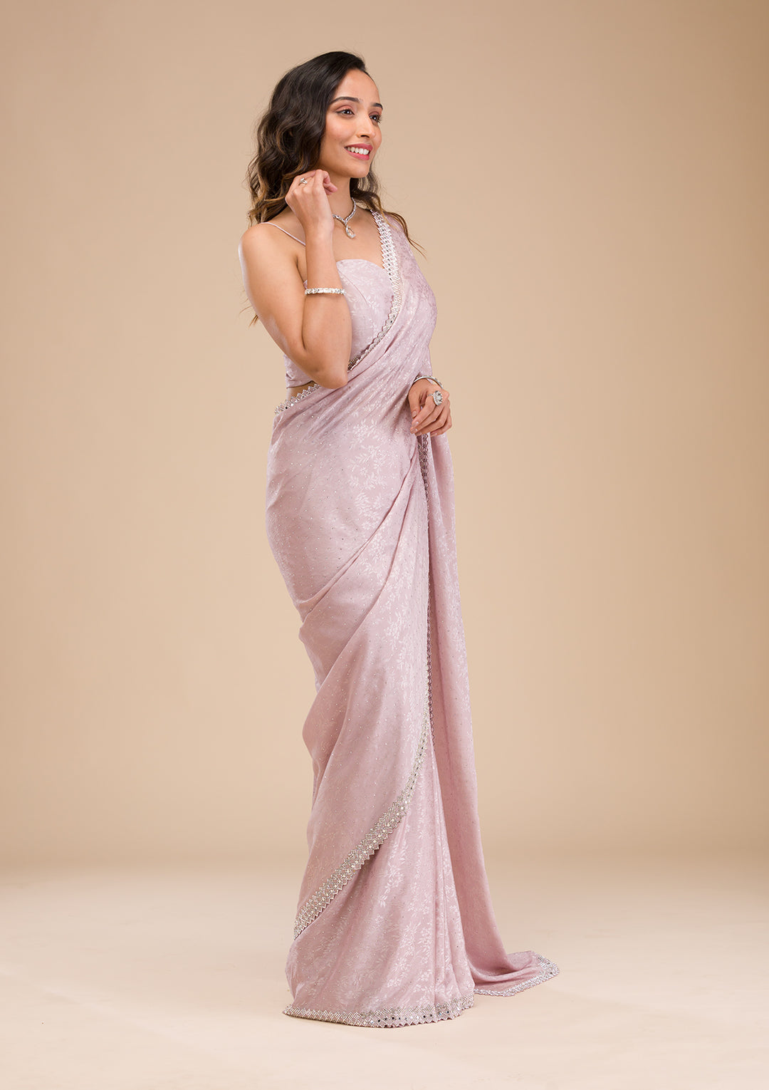 Lavender Stonework Semi Crepe Saree