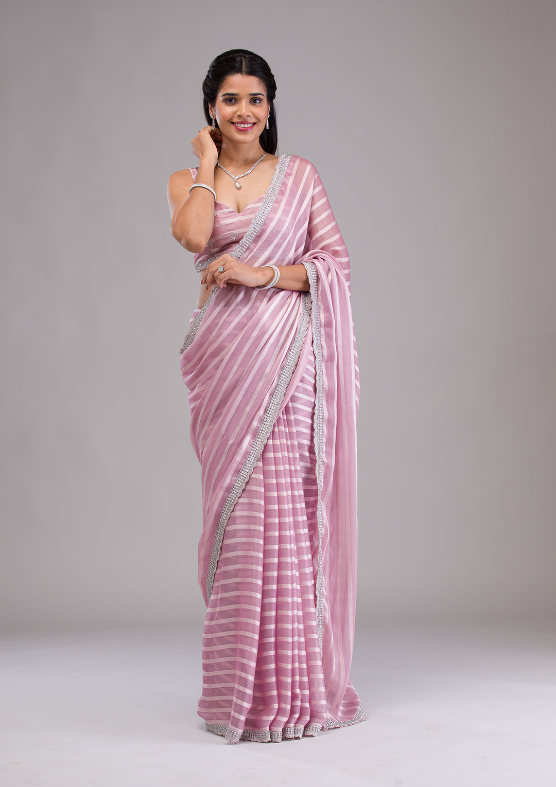 Lavender Stonework Semi Crepe Saree