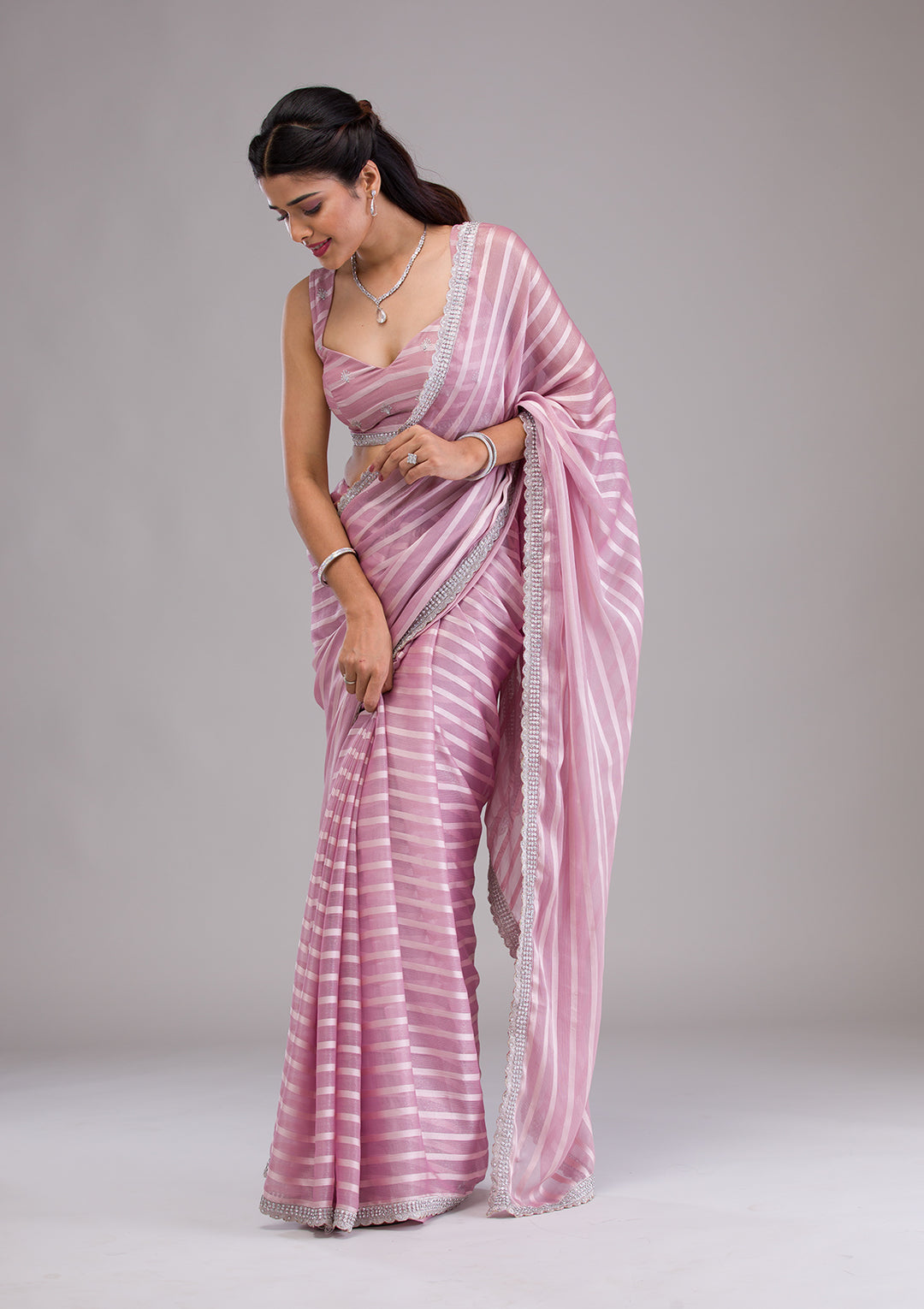 Lavender Stonework Semi Crepe Saree